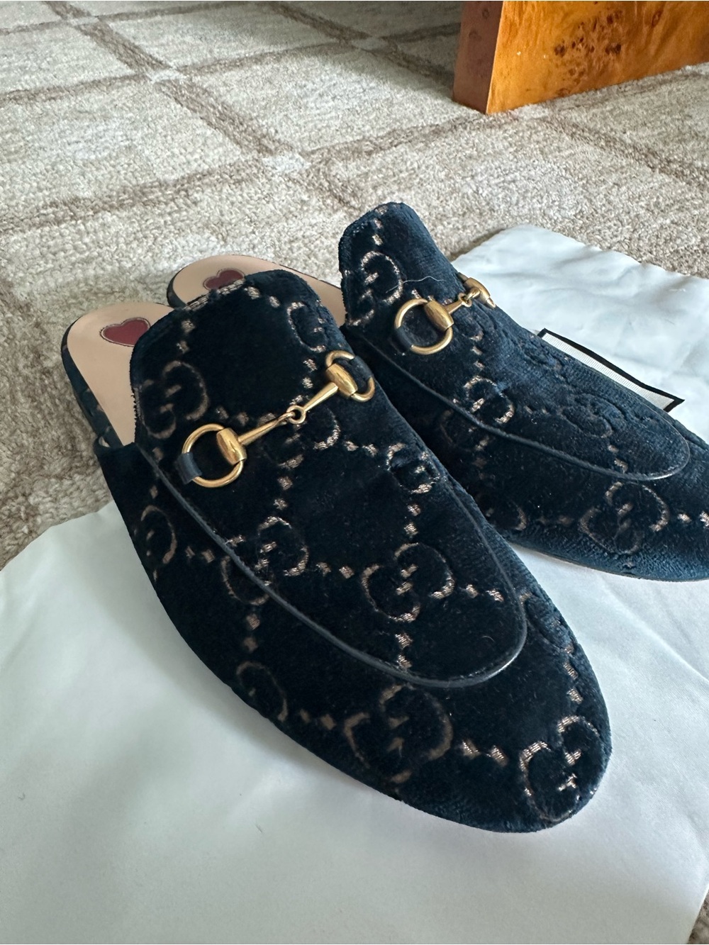 Gucci Navy Velvet GG Logo Backless Loafers with Gold Horsebit